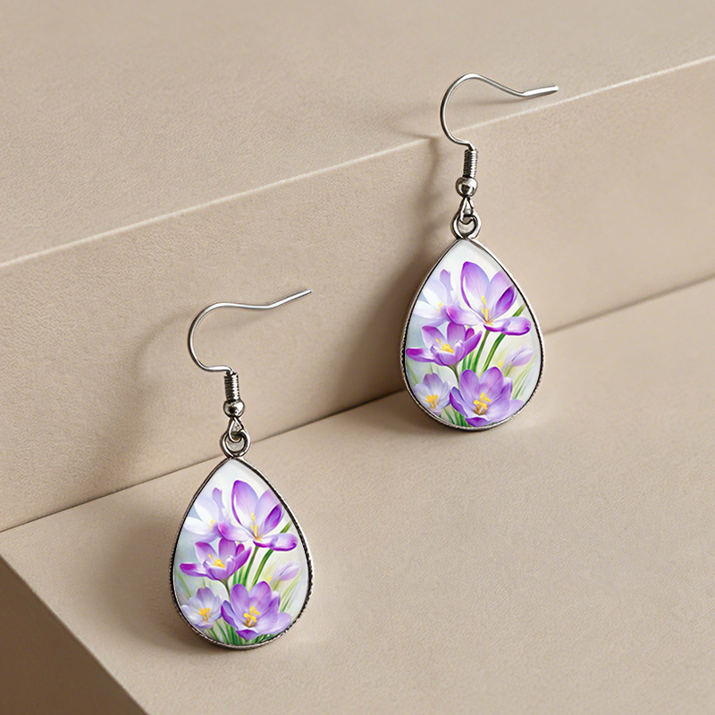 Purple Watercolor Crocus Flowers Tear Drop Glass Cabochon Earrings